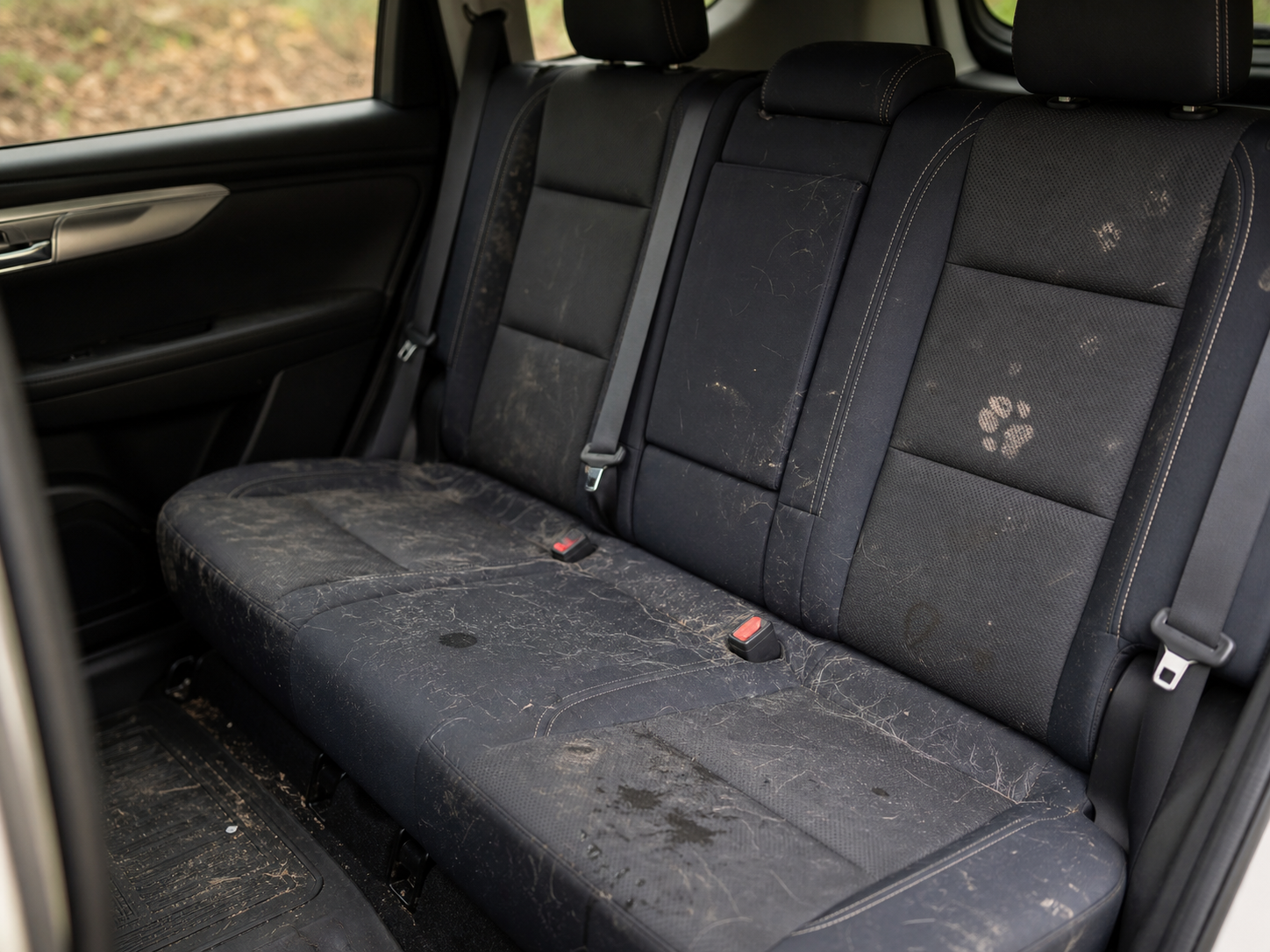 Hair, paw prints, scratches, and muddy seats.